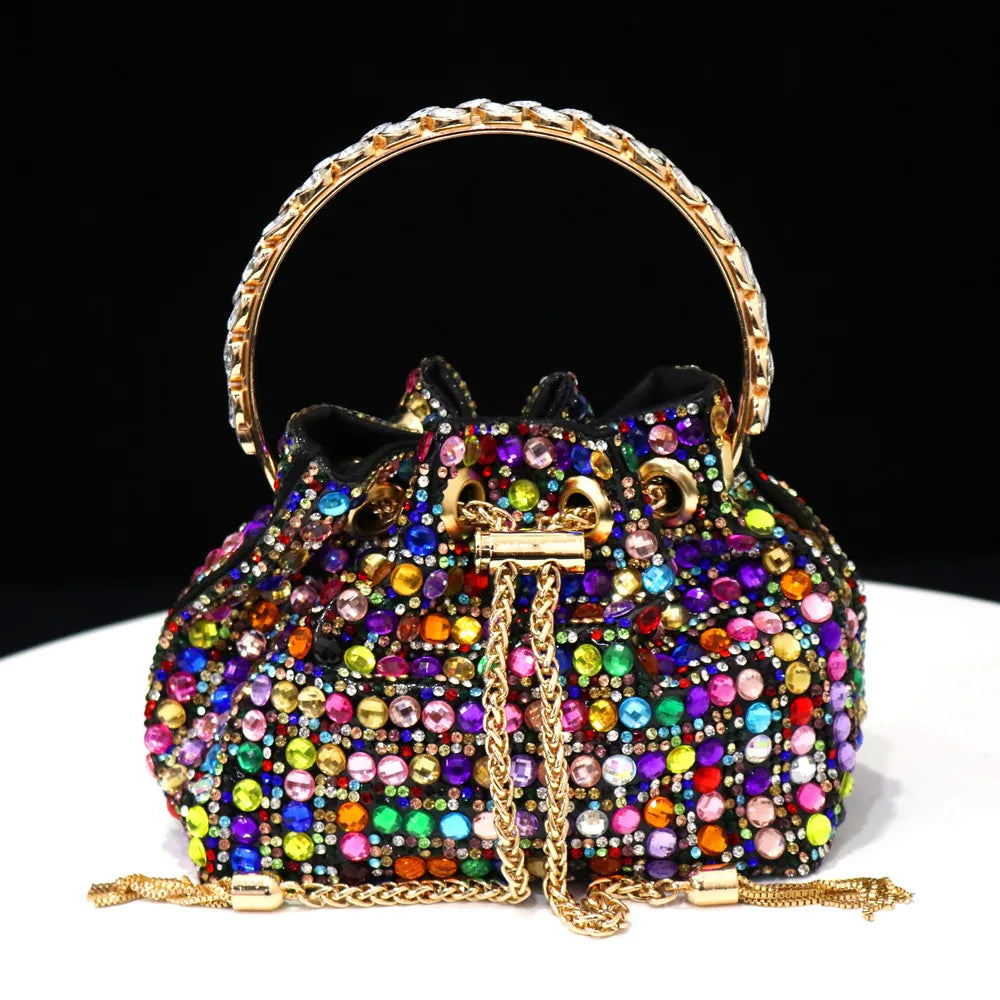 Rhinestones Women Evening Bags Bucket Design Party Day Clutch Soft Mixed Color Handle Design Handbags Purse Mature