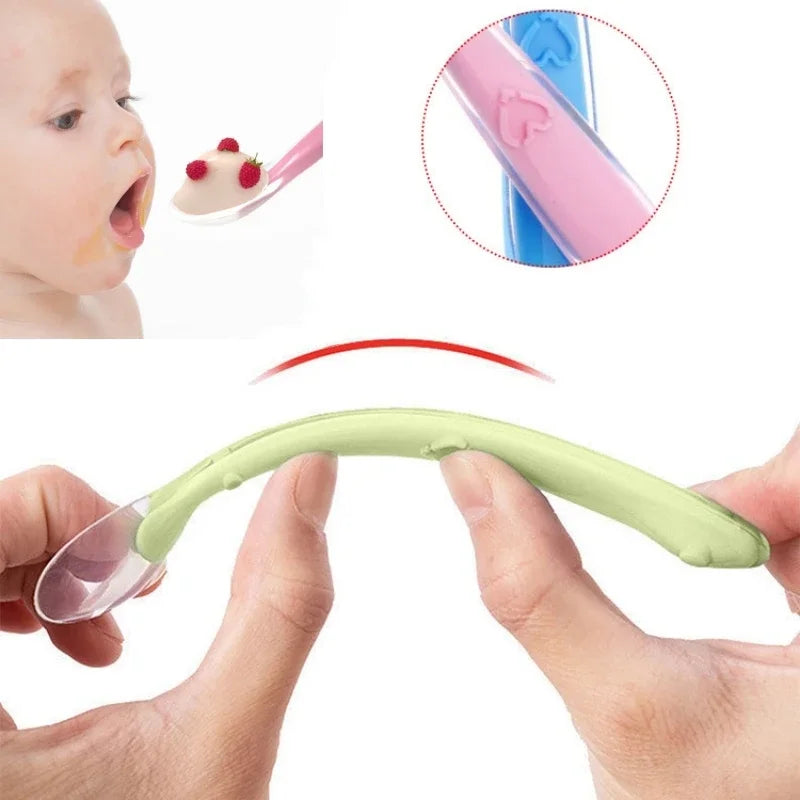 Baby Soft Silicone Spoon with Storage Box Candy Color Temperature Sensing Spoon Children Food Feeding Dishes Feeder Appliance