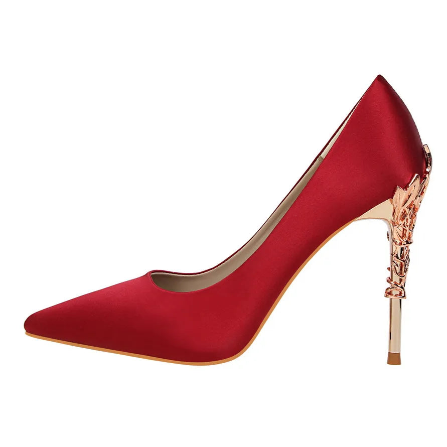 Woman 10cm High Heels Metal Heels Satin Silk Dress Fashion Pumps Lady Wedding Bridal Scarpin Catwalk Orange Green Wine Red Shoes