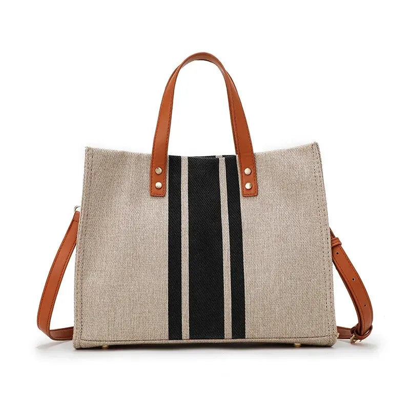 Simple Canvas Stripe Decor Bucket Handbags Women Top Handle Tote Bag Large Capacity Casual Shoulder Crossbody Bags