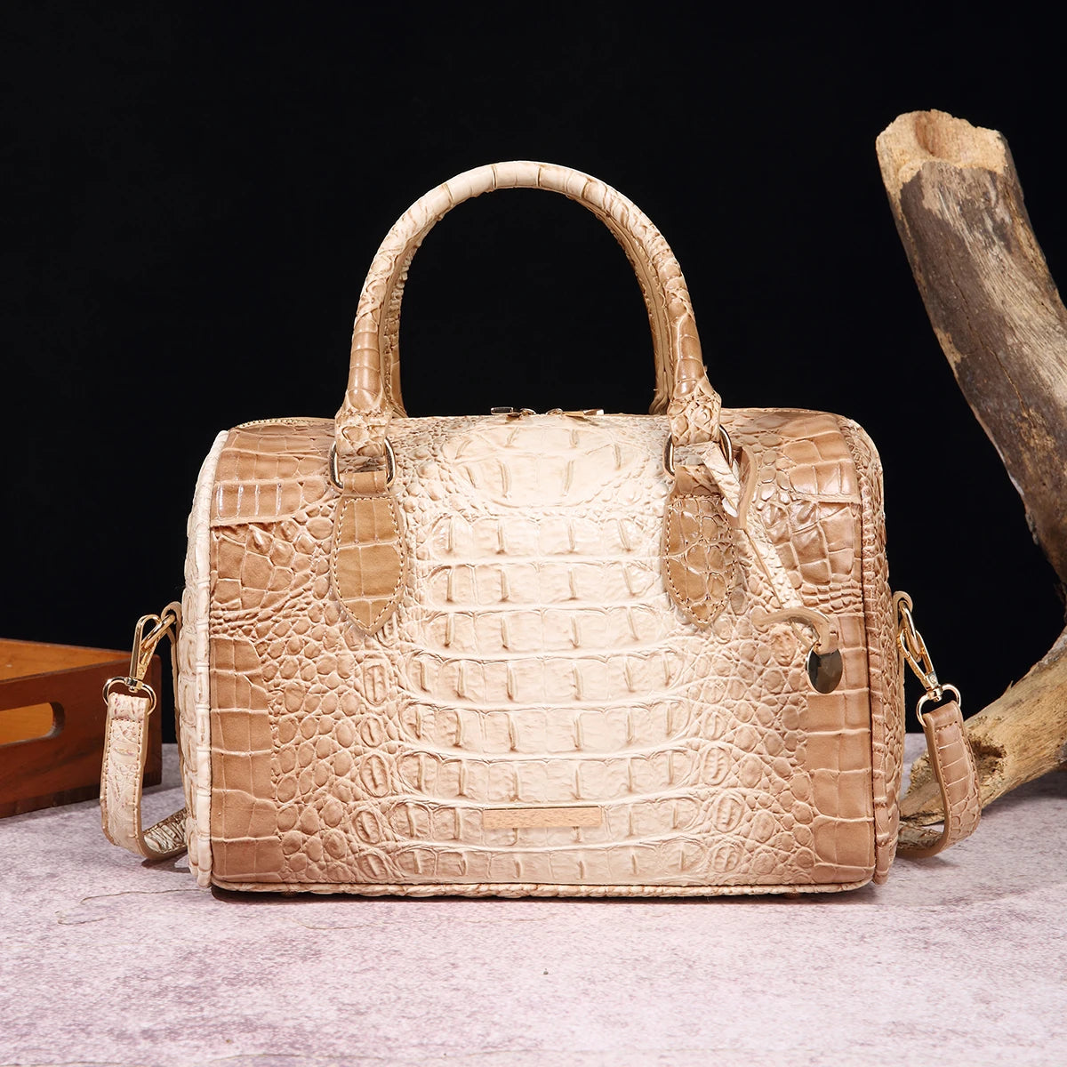 Ombre Crocodile Embossed Boston Handbag Classic Style Crossbody Bag Women's Leather Satchel Purse
