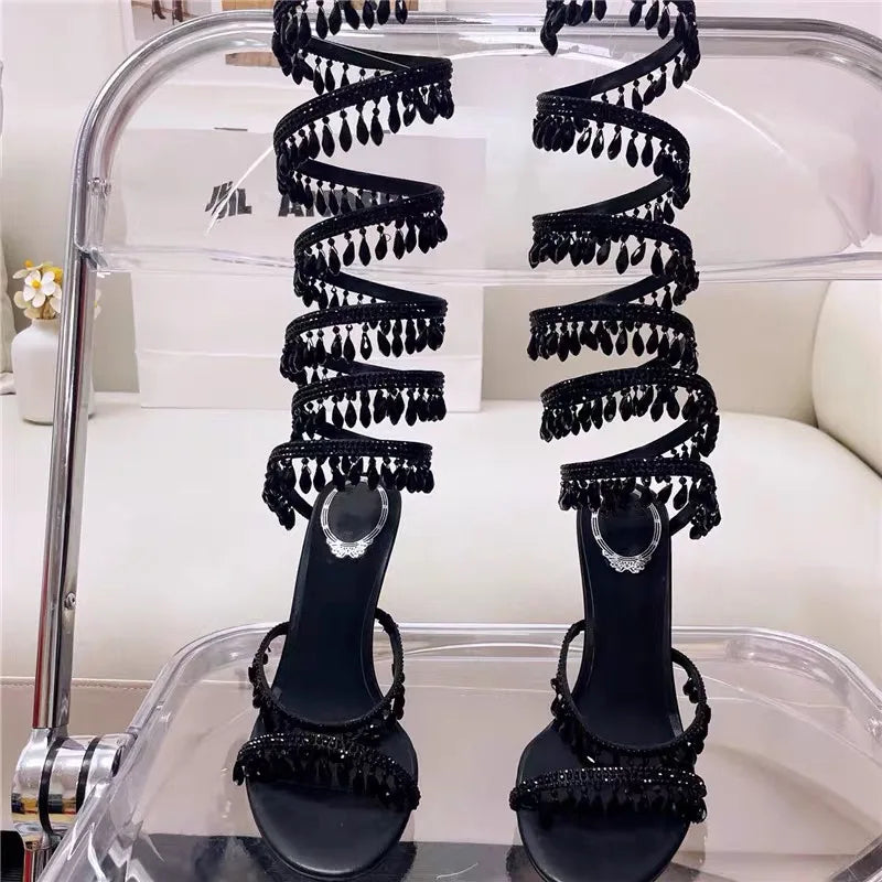 2025 Women's New Rhinestone Sandals Fashion Tassel Crystal Shoes Sexy Nightclub Banquet Party Twining Stiletto Women's Sandals