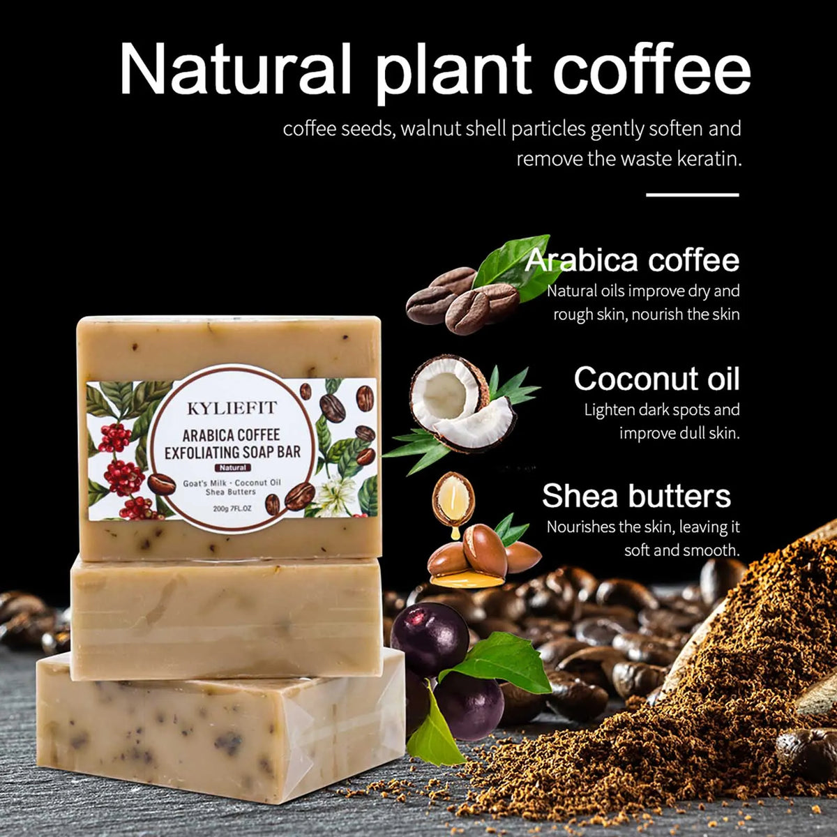 KYLIEFIT Arabica Coffee Exfoliating Soap, Deep Cleaning, Smooth Skin, With Coconut Oil, Shea Butter, Suitable for Face and Body