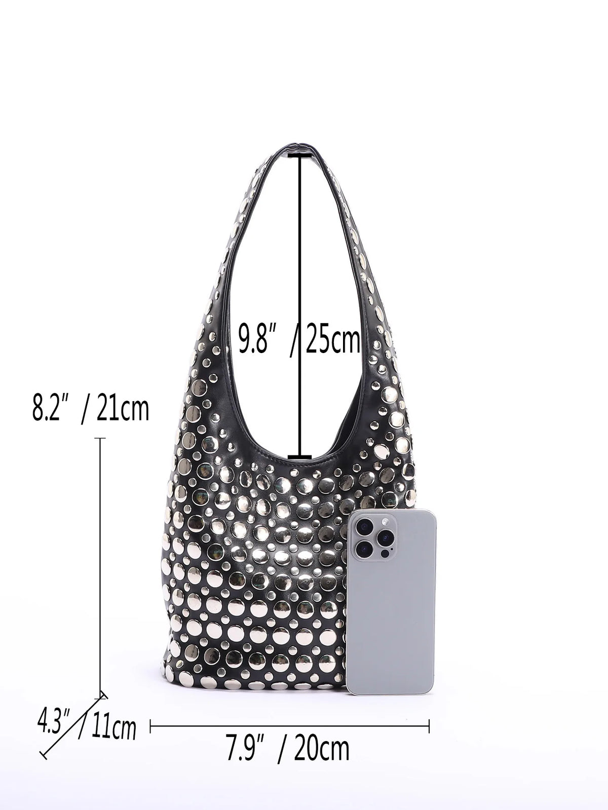 Punk Style Embellished Double-Faced Round Rivet Inlaid Niche Luxury Bucket Bag Chic Lady Underarm Large Capacity Shoulder Bag