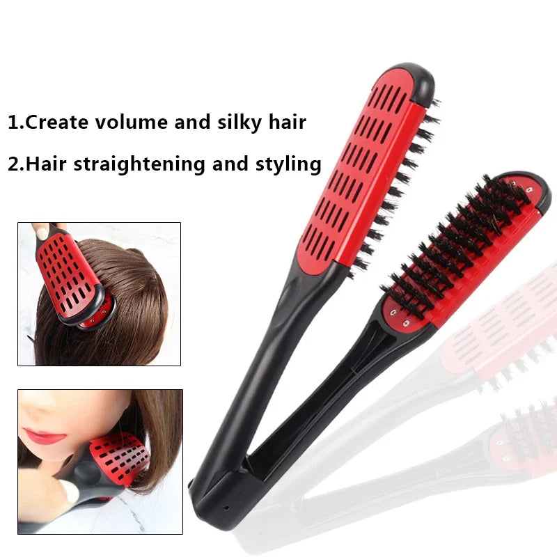 Pro Hairdressing Straightener Nylon Hair Straightening Double Brushes V Shape Comb Clamp Not Hurt Styling Tools DIY Home