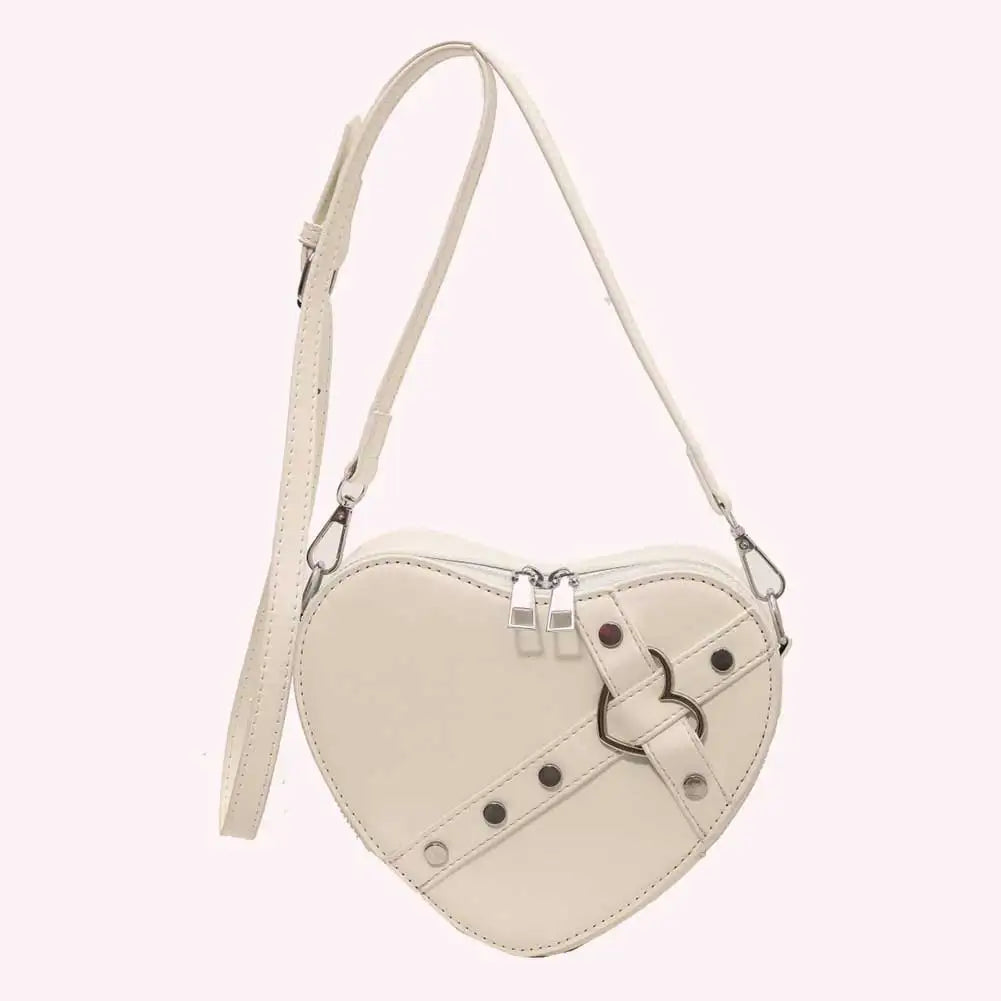Vintage Y2K Small Chain Rivet Shoulder Bag Heart Shaped Purse Handbag Red PU Leather Gothic Tote Bag Fashion Women Crossbody Bag