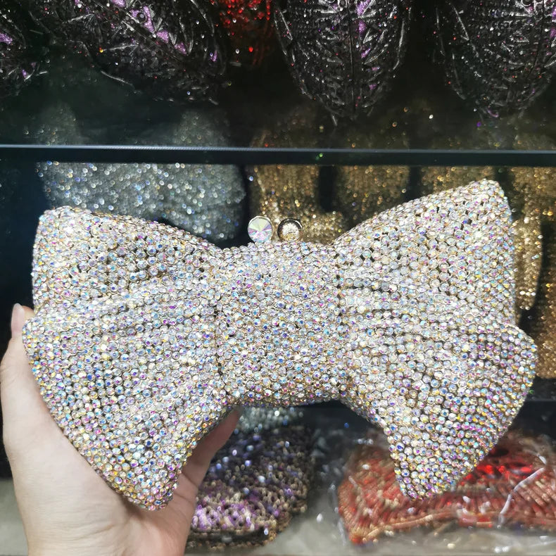 Best Design Bow Shape AB Rhinestone Purse Women Handbag Evening Clutch Bags High Quality Lady Diamond Crystal Party Wedding Bag