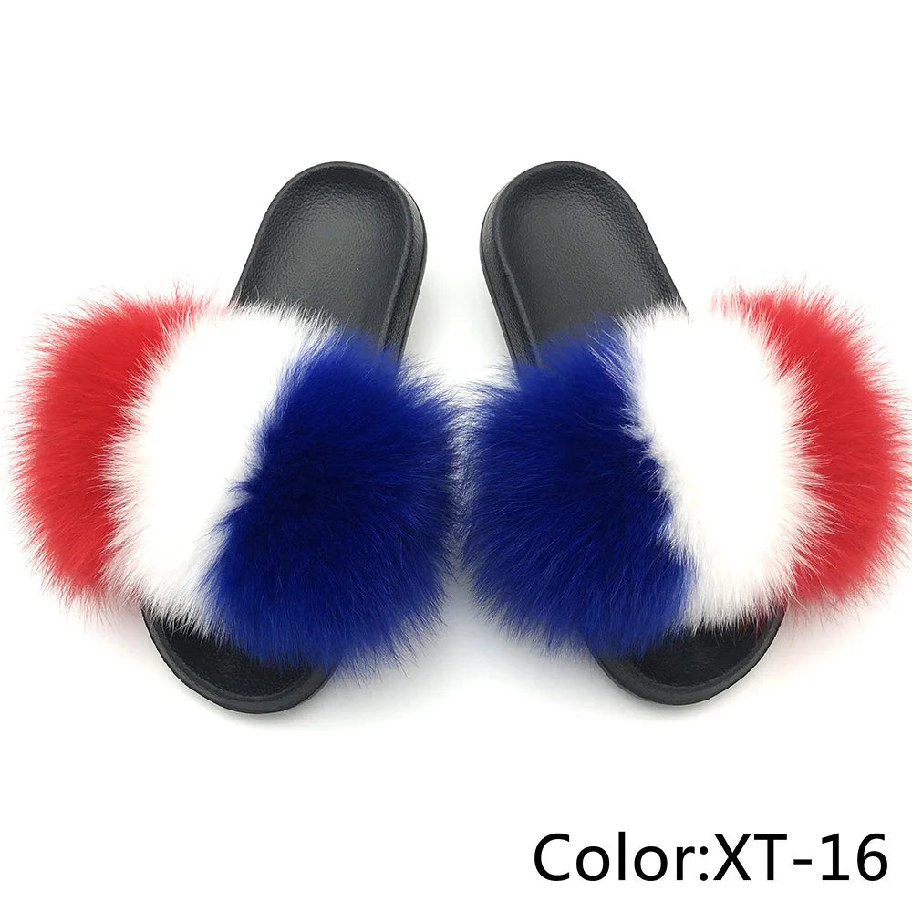 SARSALLYA Fur Slippers Women Real Fox Fur Slides Home Furry Flat Sandals Female Cute Fluffy House Shoes Woman Brand Luxury 2024