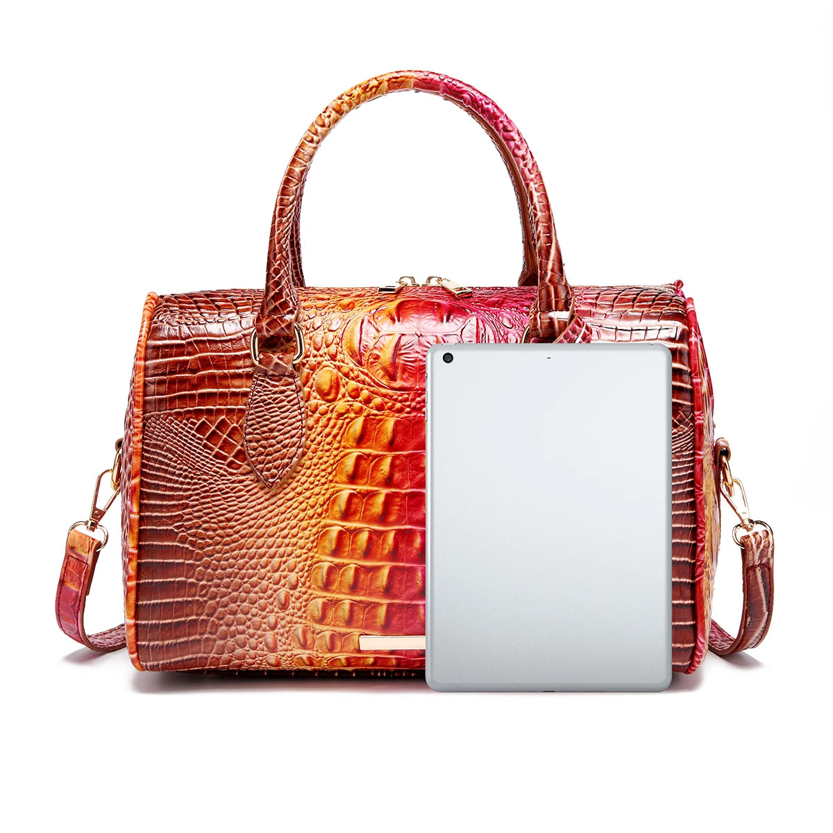 Ombre Crocodile Embossed Boston Handbag Classic Style Crossbody Bag Women's Leather Satchel Purse