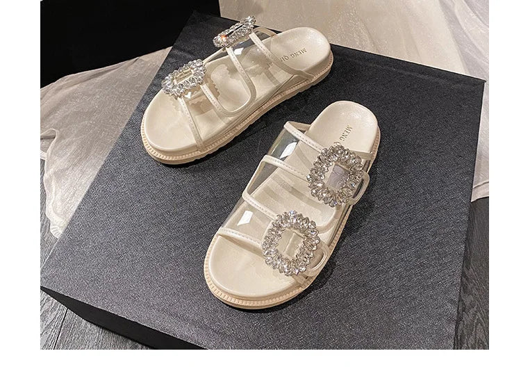 pearl rivets thick bottom women slippers crystal beading flip flops lace band platform sandalias mujer pearl slides big size 43