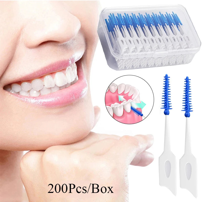 Interdental Silicone Brushes 200 Units Dental Toothpicks Brush Between Teeth   With Thread Oral Cleaning Tools