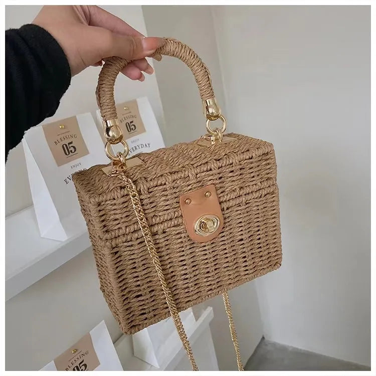 New rattan black straw Shoulder Bag Women hand-woven Messenger Bag Summer Beach Square box Straw Handbag For lady Bolsa Feminina