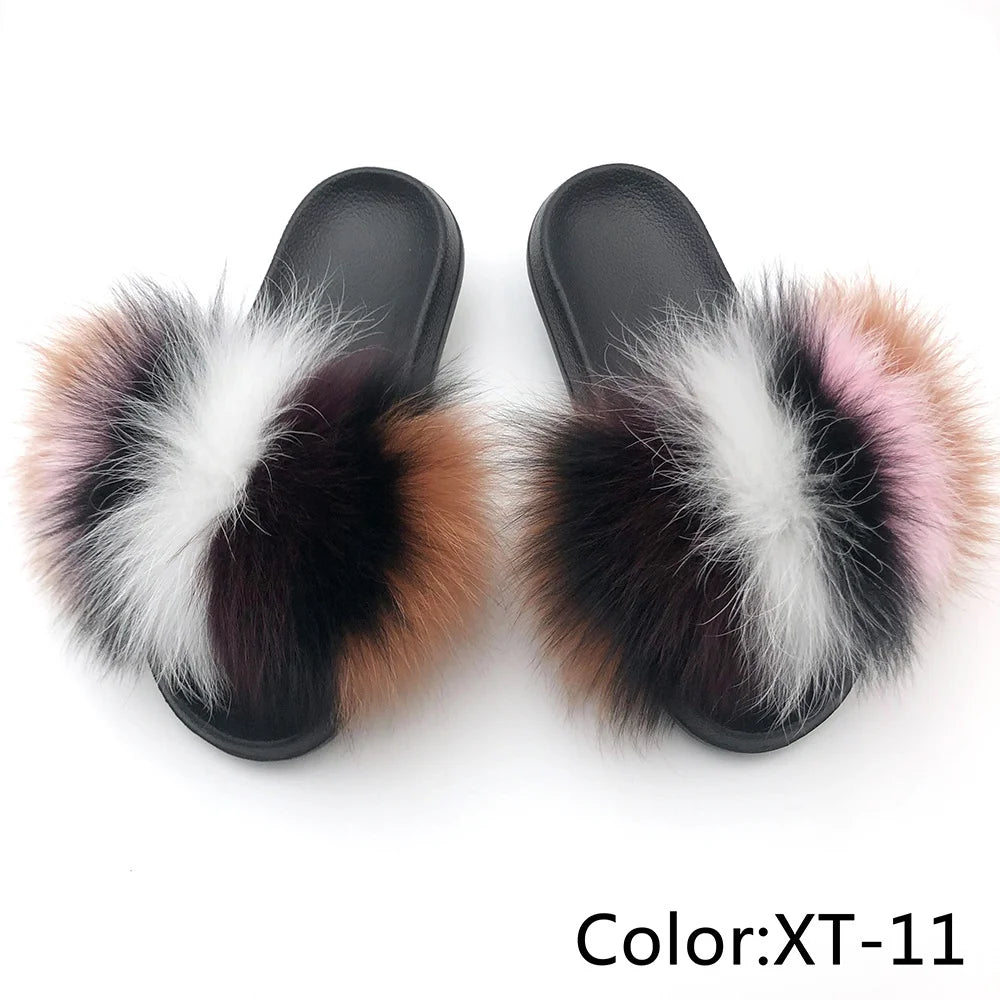 SARSALLYA Fur Slippers Women Real Fox Fur Slides Home Furry Flat Sandals Female Cute Fluffy House Shoes Woman Brand Luxury 2024