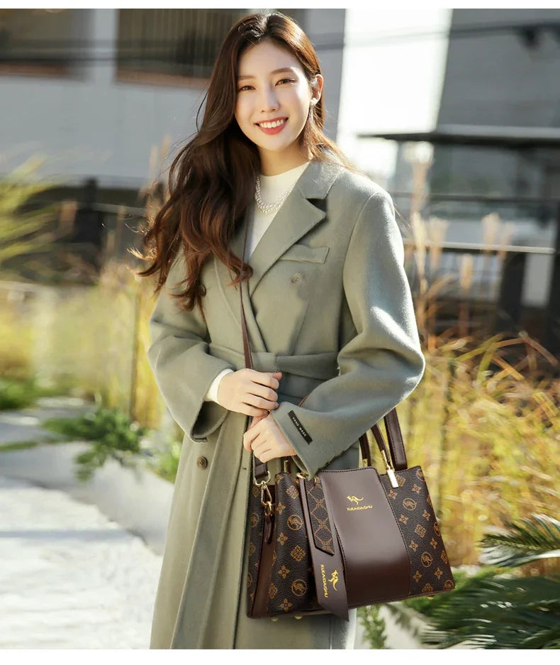 Women Luxury Top-Handle Bags 3 layer Design Fashion Print Handbag High Quality Leather Shoulder Bag Large Capacity Women Handbag
