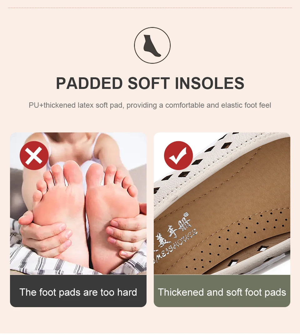 Summer Slip-on Shoes Flat Hollow Comfortable Woman Shoes Genuine Leather Soft Bottom White Breathable Mule Women's Moccasins 41