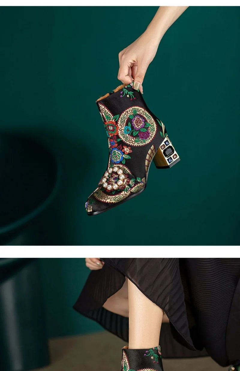 FHC New Chinese Style Women Ankle Boots,Fashion Embroidery Winter Shoes,High Heels Short Botas,Pointed Toe,Black,Yellow,Dropship