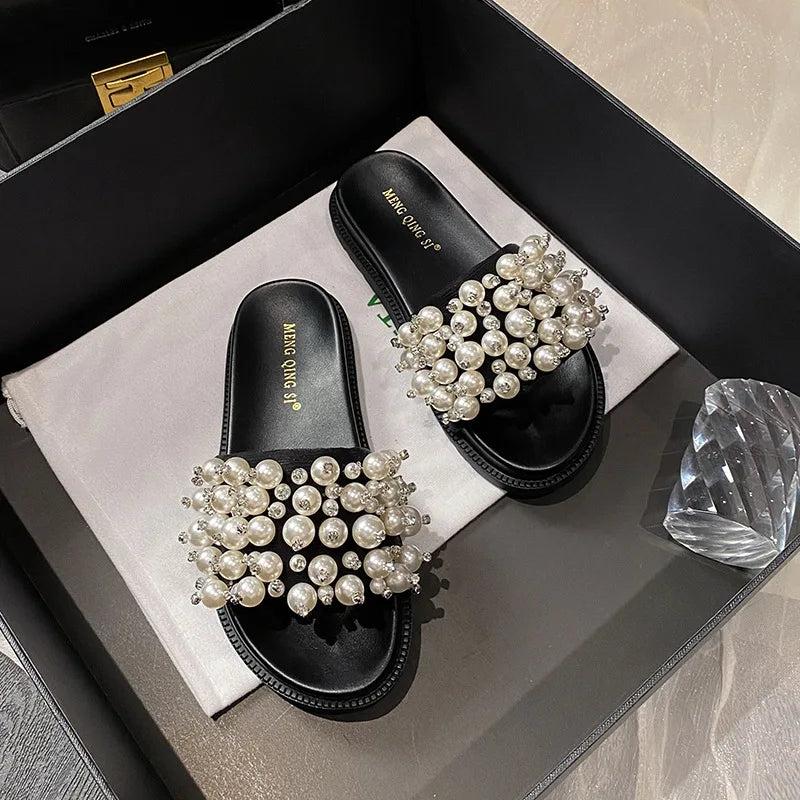pearl rivets thick bottom women slippers crystal beading flip flops lace band platform sandalias mujer pearl slides big size 43