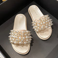 pearl rivets thick bottom women slippers crystal beading flip flops lace band platform sandalias mujer pearl slides big size 43