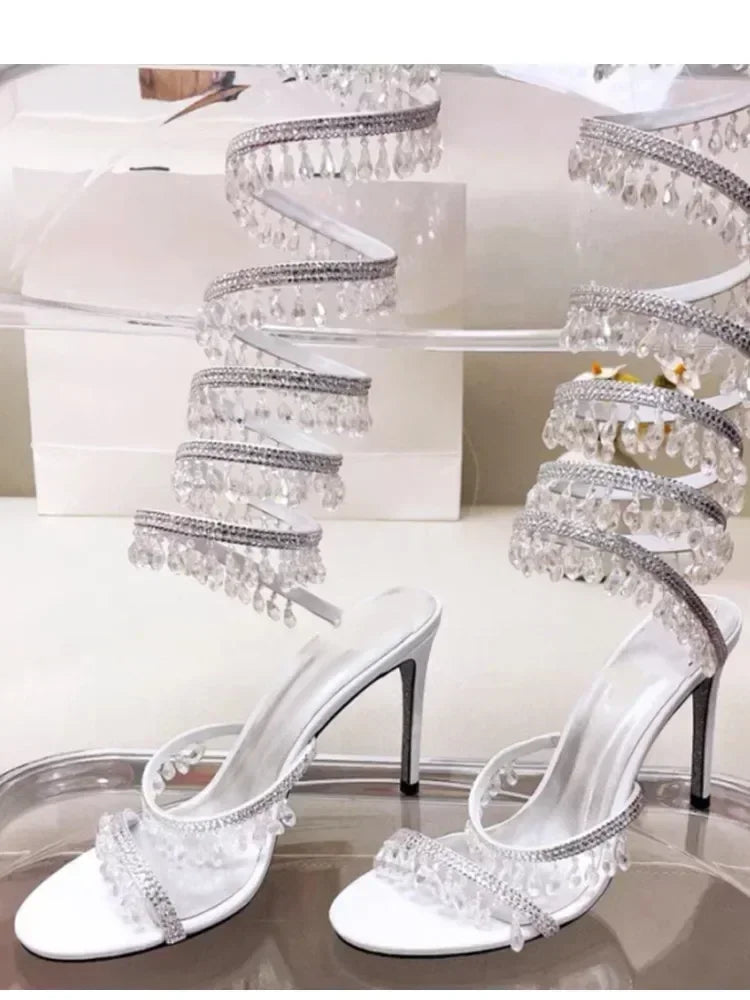 2025 Women's New Rhinestone Sandals Fashion Tassel Crystal Shoes Sexy Nightclub Banquet Party Twining Stiletto Women's Sandals