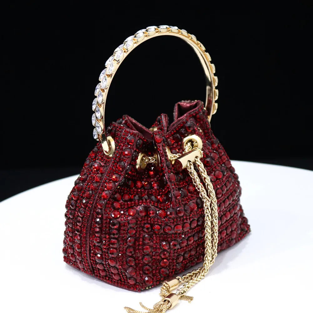 Rhinestones Women Evening Bags Bucket Design Party Day Clutch Soft Mixed Color Handle Design Handbags Purse Mature