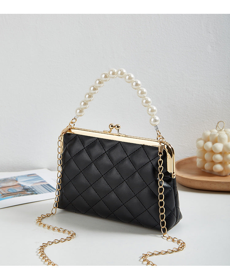 New Fashion Versatile Lingge Embroidery Clip Chain Strap Crossbody Mobile Phone Bag Pearl Handheld Women's Bag
