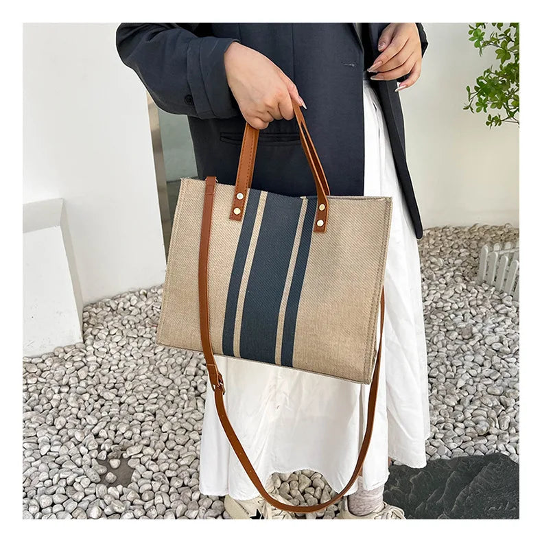 Simple Canvas Stripe Decor Bucket Handbags Women Top Handle Tote Bag Large Capacity Casual Shoulder Crossbody Bags