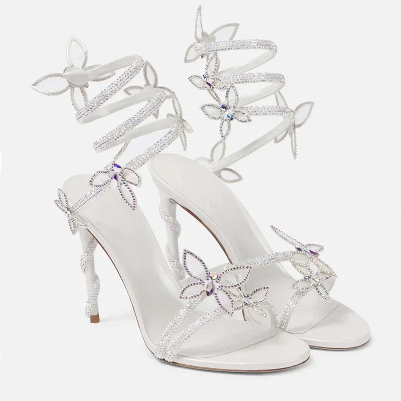 Luxury Crystal Embellished Butterfly Detail Women Sandals Sexy Coiled Strap Thin High heels Gladiator sandals Summer Party Shoes