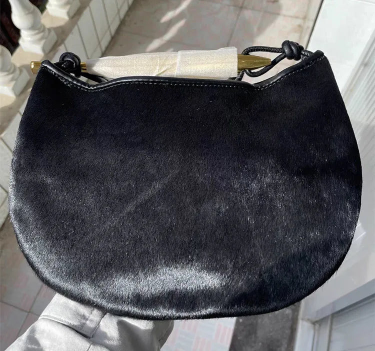Genuine Horsehide Shoulder Bag Cows Pattern Detachable Strap