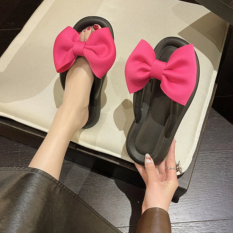 Cute Women's Summer Slippers Girls Outdoor Anti-slip Slides Adults Indoor Waterproof Sandals Couples Sweet Bow Tie Flip Flops