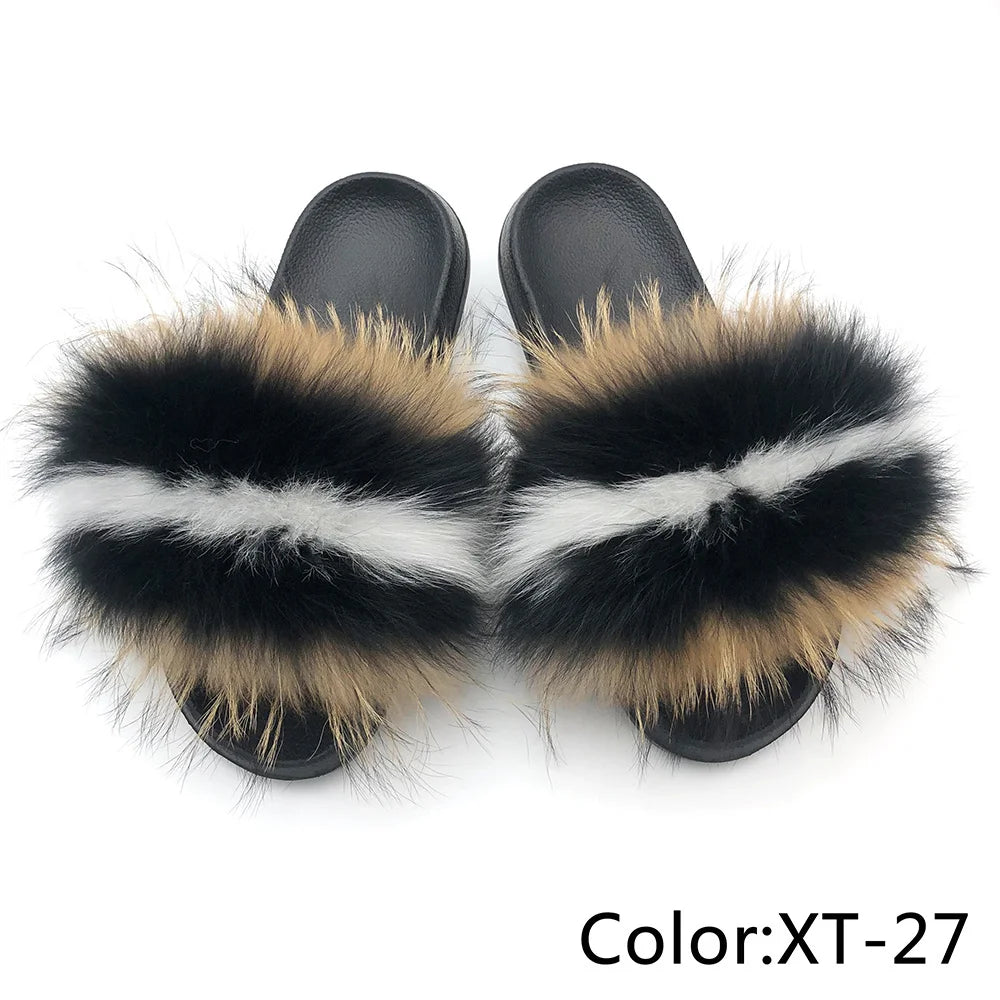 SARSALLYA Fur Slippers Women Real Fox Fur Slides Home Furry Flat Sandals Female Cute Fluffy House Shoes Woman Brand Luxury 2024