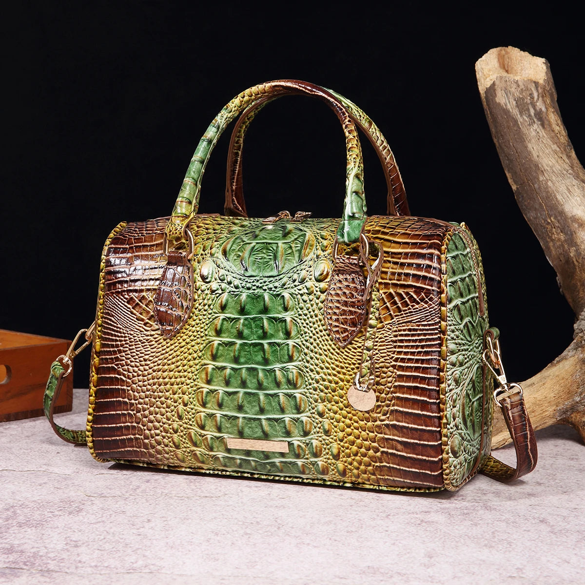 Ombre Crocodile Embossed Boston Handbag Classic Style Crossbody Bag Women's Leather Satchel Purse