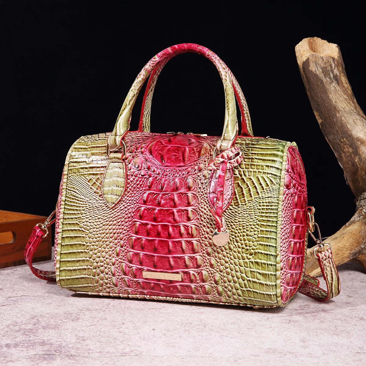 Ombre Crocodile Embossed Boston Handbag Classic Style Crossbody Bag Women's Leather Satchel Purse