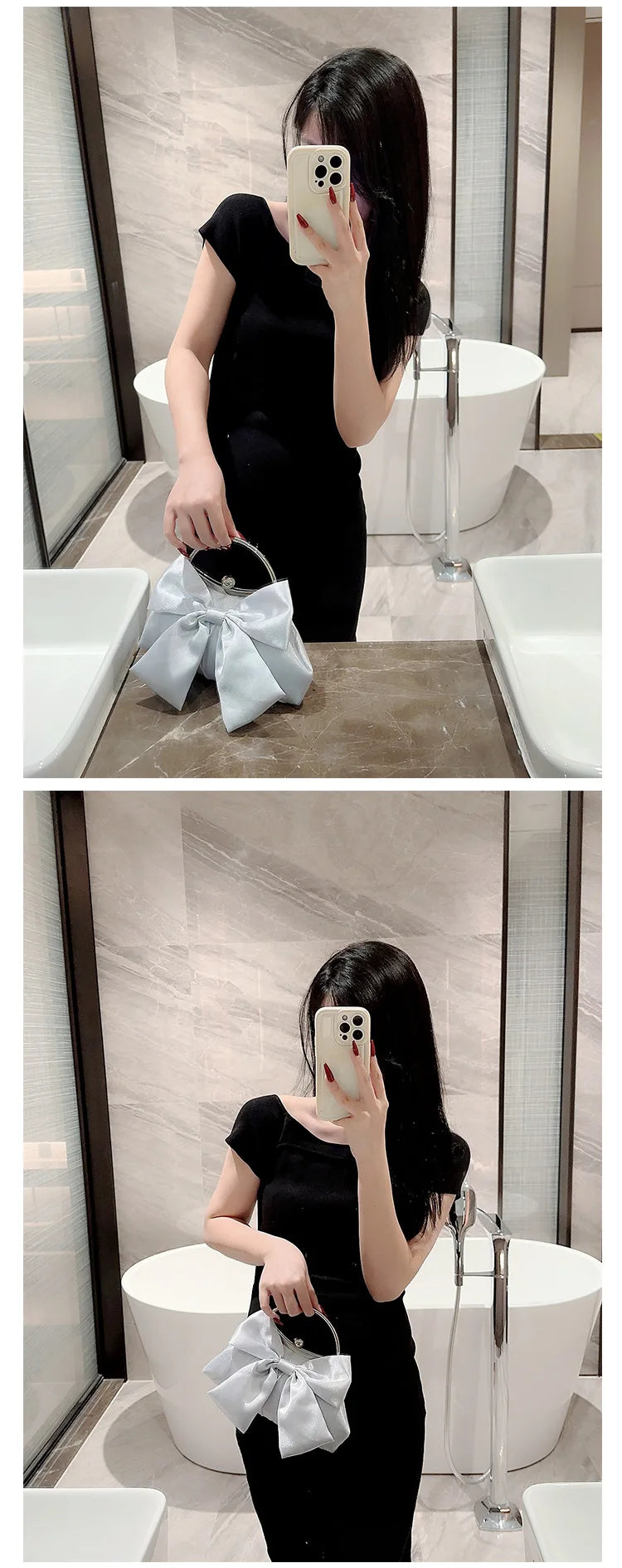 White Satin Bow Fairy Evening Bags Clutch Metal Handle Handbags for Women Wedding Party Bridal Clutches Purse Chain Shoulder Bag