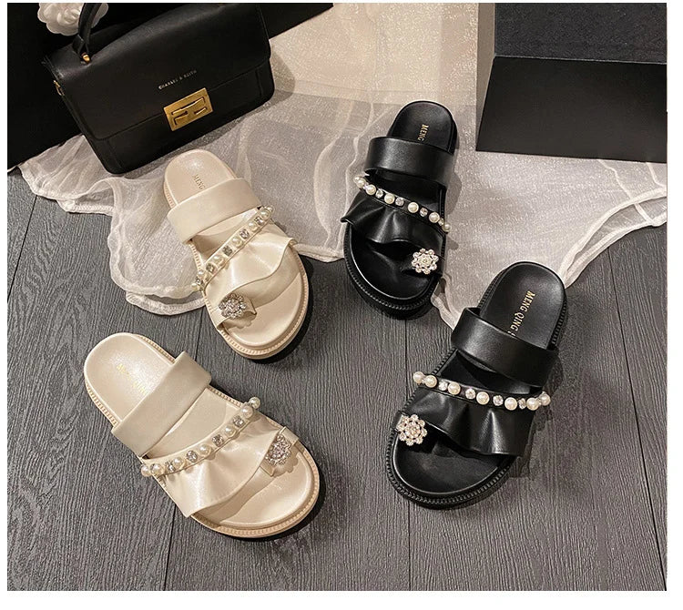 pearl rivets thick bottom women slippers crystal beading flip flops lace band platform sandalias mujer pearl slides big size 43