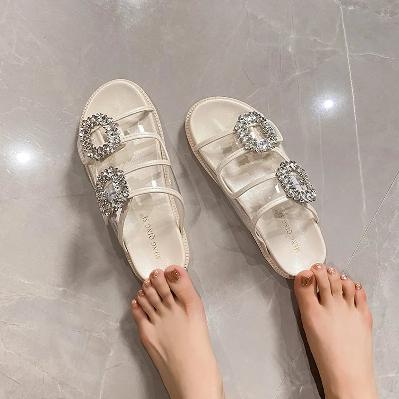 pearl rivets thick bottom women slippers crystal beading flip flops lace band platform sandalias mujer pearl slides big size 43