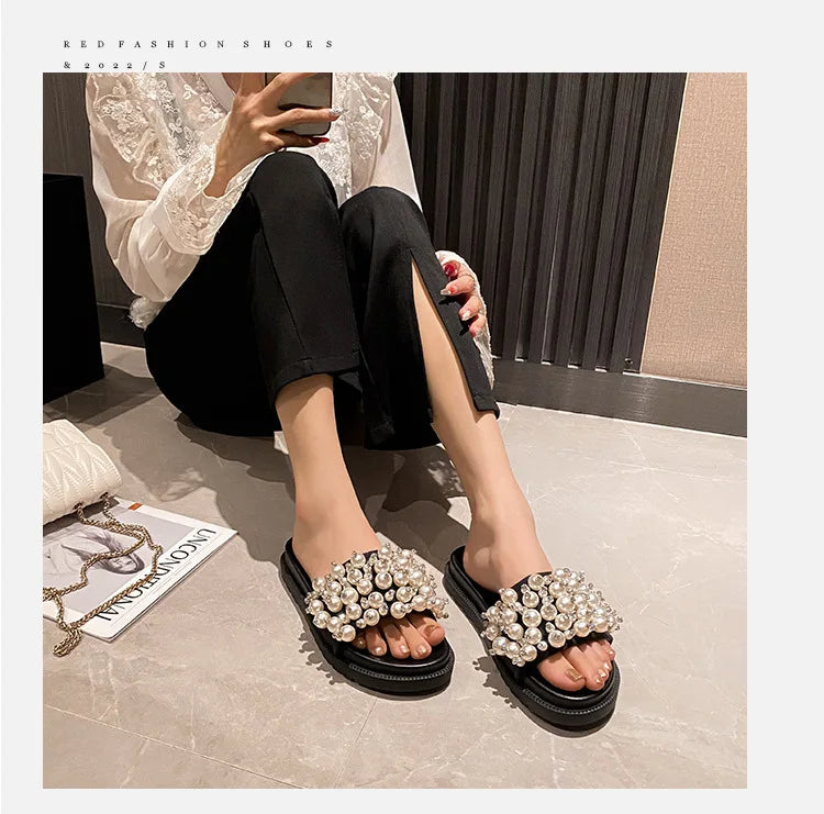 pearl rivets thick bottom women slippers crystal beading flip flops lace band platform sandalias mujer pearl slides big size 43