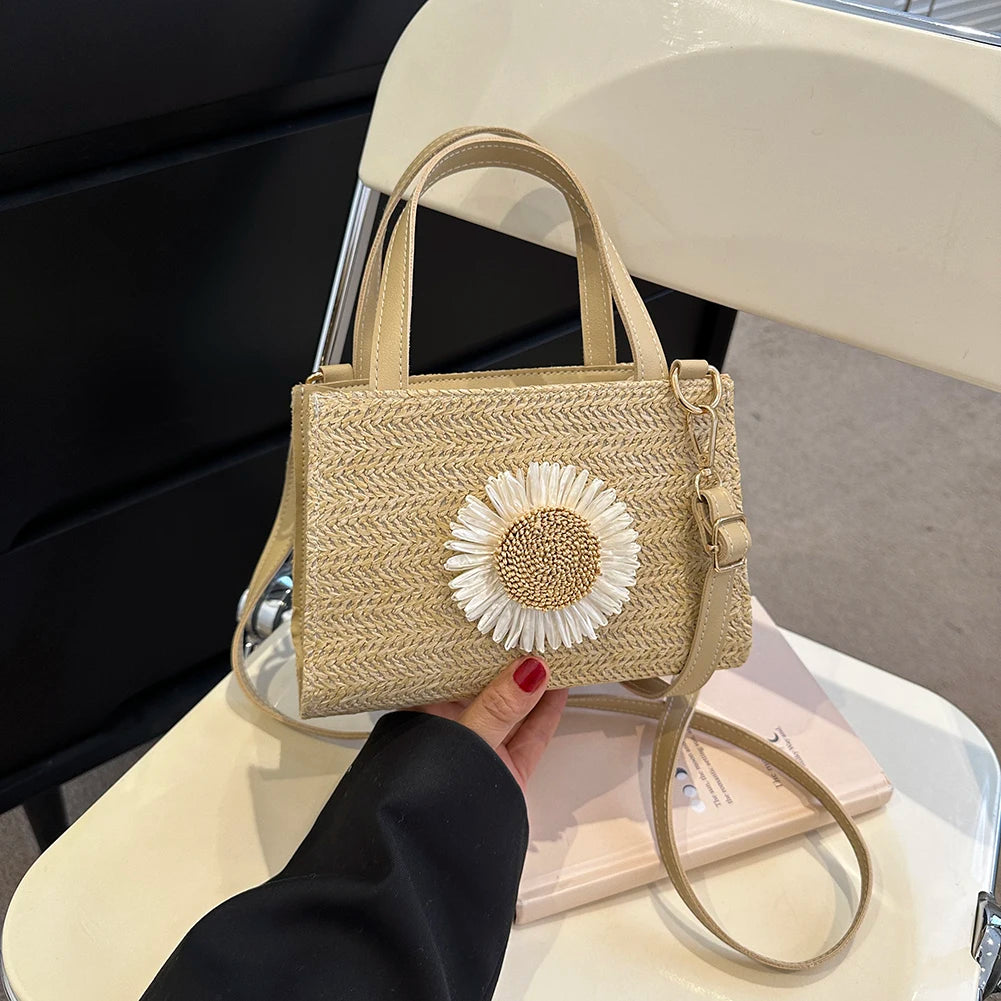 Rattan Woven Women Straw Bag Adjustable Shoulder Bag Handbag Knit Flower Summer Beach Woman Shoulder Messenger Khaki Beige Bags