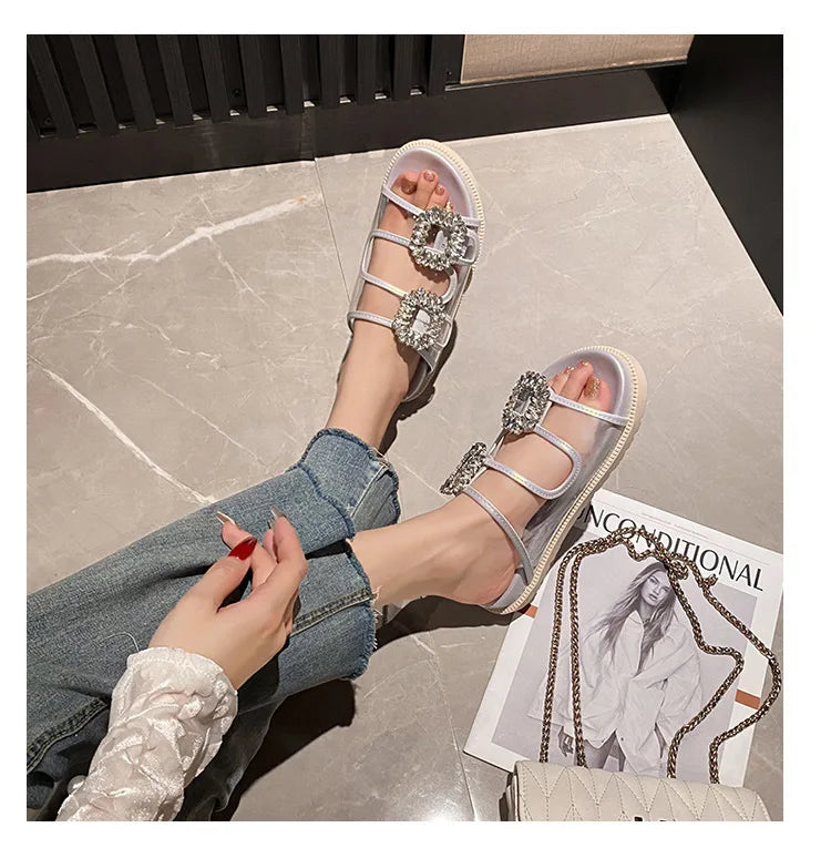 pearl rivets thick bottom women slippers crystal beading flip flops lace band platform sandalias mujer pearl slides big size 43