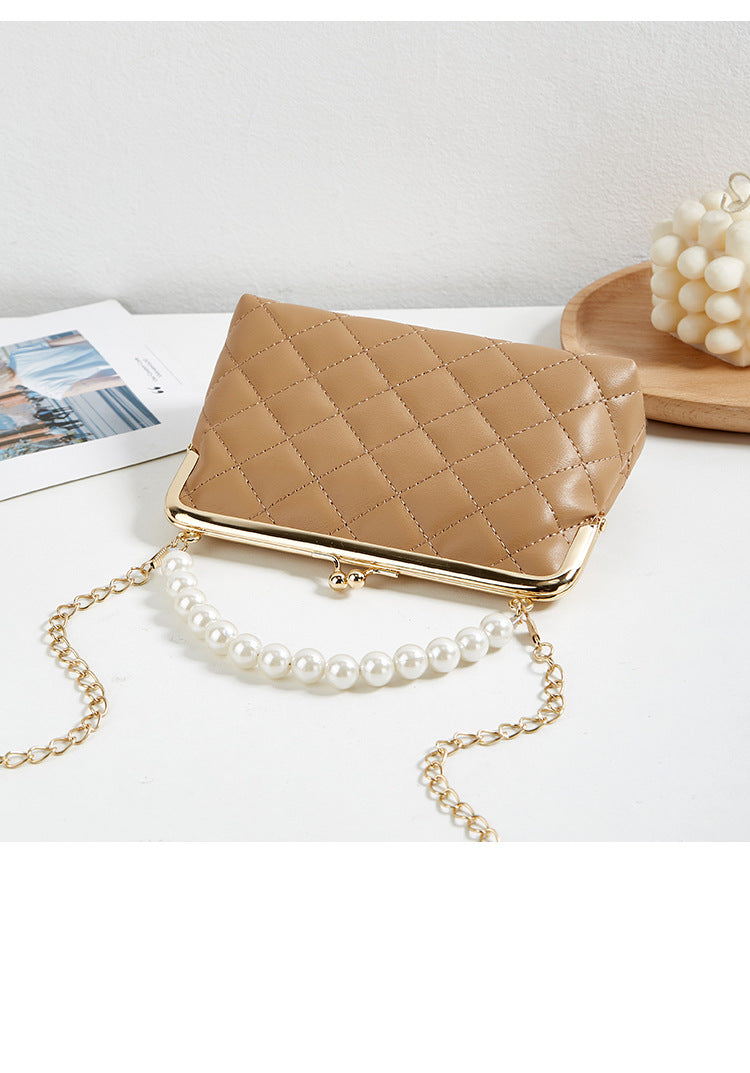 New Fashion Versatile Lingge Embroidery Clip Chain Strap Crossbody Mobile Phone Bag Pearl Handheld Women's Bag