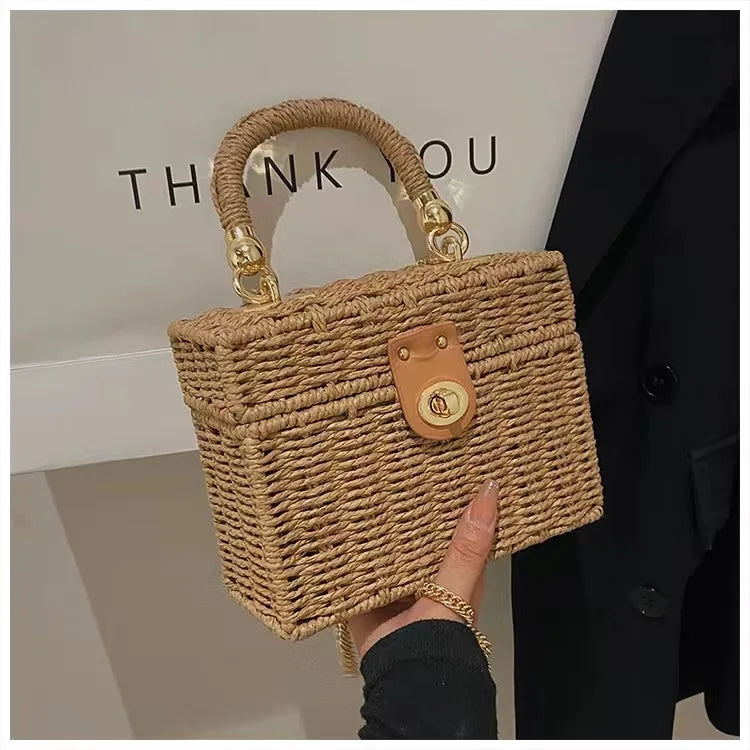 New rattan black straw Shoulder Bag Women hand-woven Messenger Bag Summer Beach Square box Straw Handbag For lady Bolsa Feminina