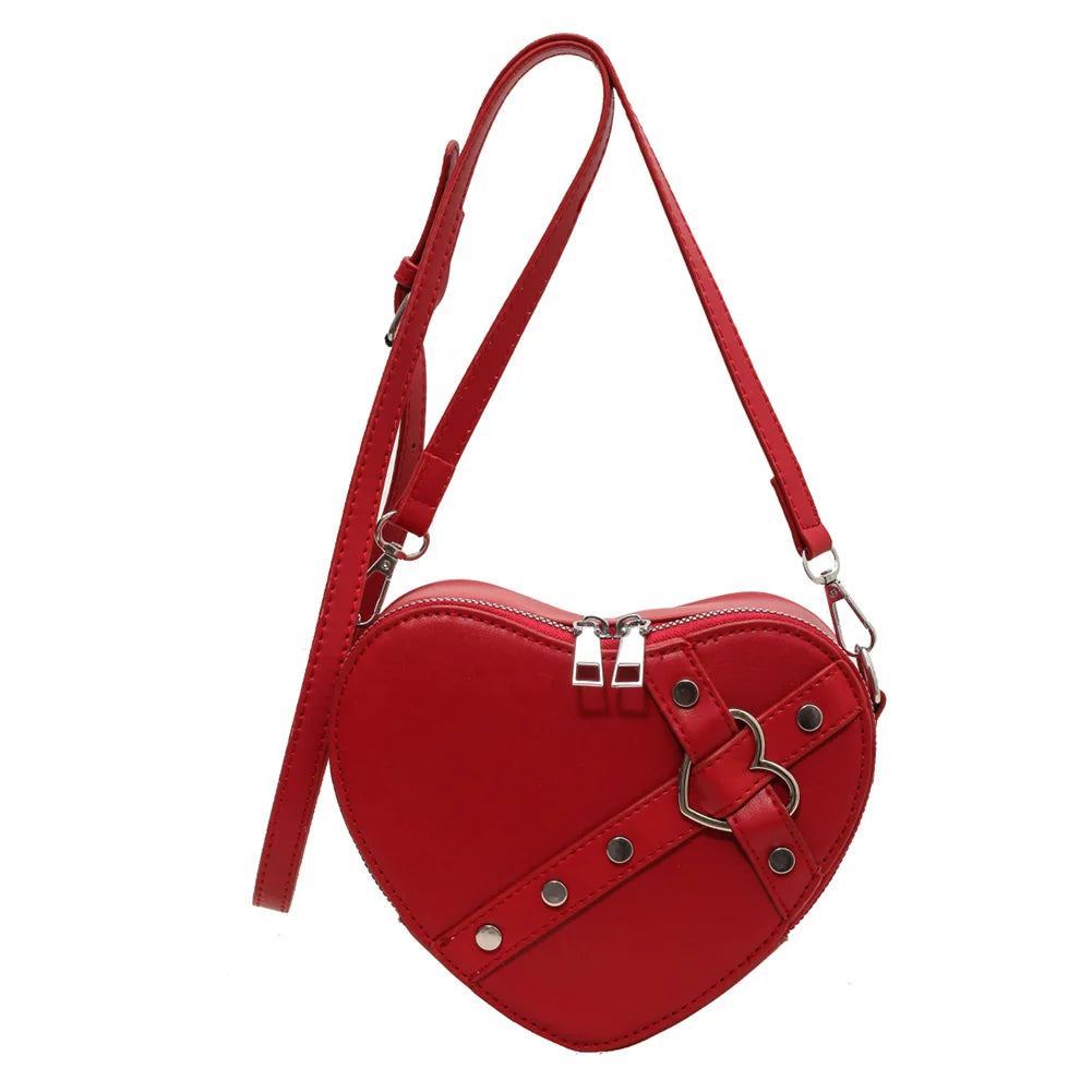 Vintage Y2K Small Chain Rivet Shoulder Bag Heart Shaped Purse Handbag Red PU Leather Gothic Tote Bag Fashion Women Crossbody Bag