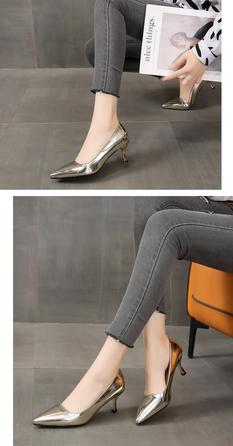 Fashion Simple Slim Heels With Bright Surface Patent Leather Shallow Mouth Pointed Head Slim Women's Heels