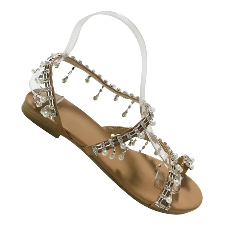 1 Pair Women Beach Sandals Faux Pearl Tassels Flat Dressy Ankle Strap Open Toe Lightweight Women Casual Sandals Shoes