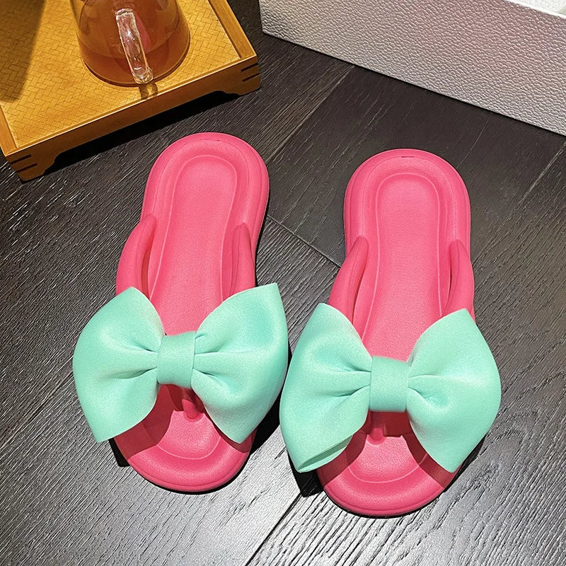 Cute Women's Summer Slippers Girls Outdoor Anti-slip Slides Adults Indoor Waterproof Sandals Couples Sweet Bow Tie Flip Flops