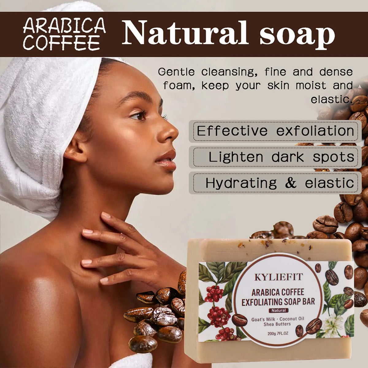 KYLIEFIT Arabica Coffee Exfoliating Soap, Deep Cleaning, Smooth Skin, With Coconut Oil, Shea Butter, Suitable for Face and Body