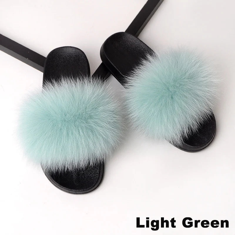SARSALLYA Fur Slippers Women Real Fox Fur Slides Home Furry Flat Sandals Female Cute Fluffy House Shoes Woman Brand Luxury 2024
