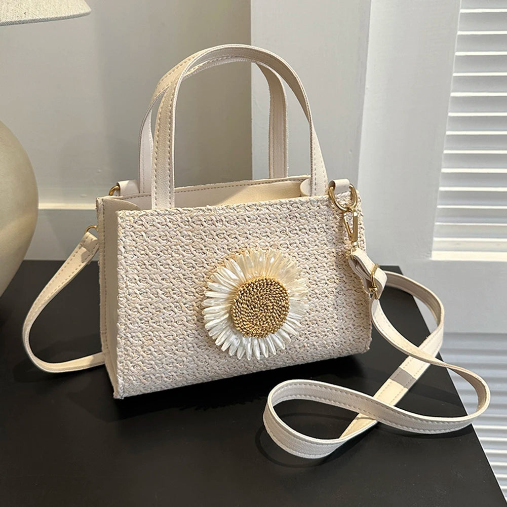 Rattan Woven Women Straw Bag Adjustable Shoulder Bag Handbag Knit Flower Summer Beach Woman Shoulder Messenger Khaki Beige Bags