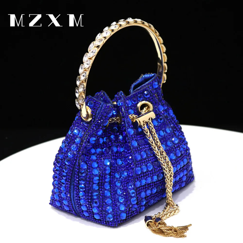 Rhinestones Women Evening Bags Bucket Design Party Day Clutch Soft Mixed Color Handle Design Handbags Purse Mature