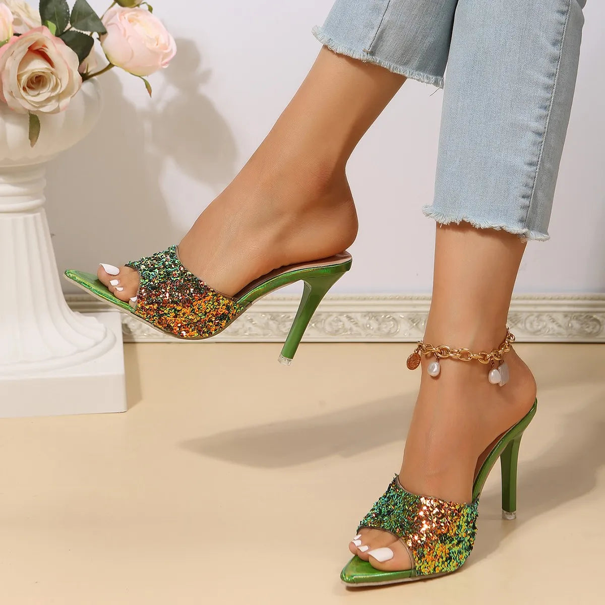 Sequin Slip Flops 2025 Summer New Style Thin Heeled High Heeled Outwear Fashion Sandals Women's Shoes 9.5CM