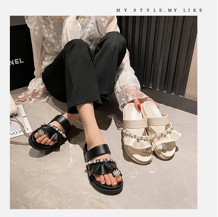 pearl rivets thick bottom women slippers crystal beading flip flops lace band platform sandalias mujer pearl slides big size 43